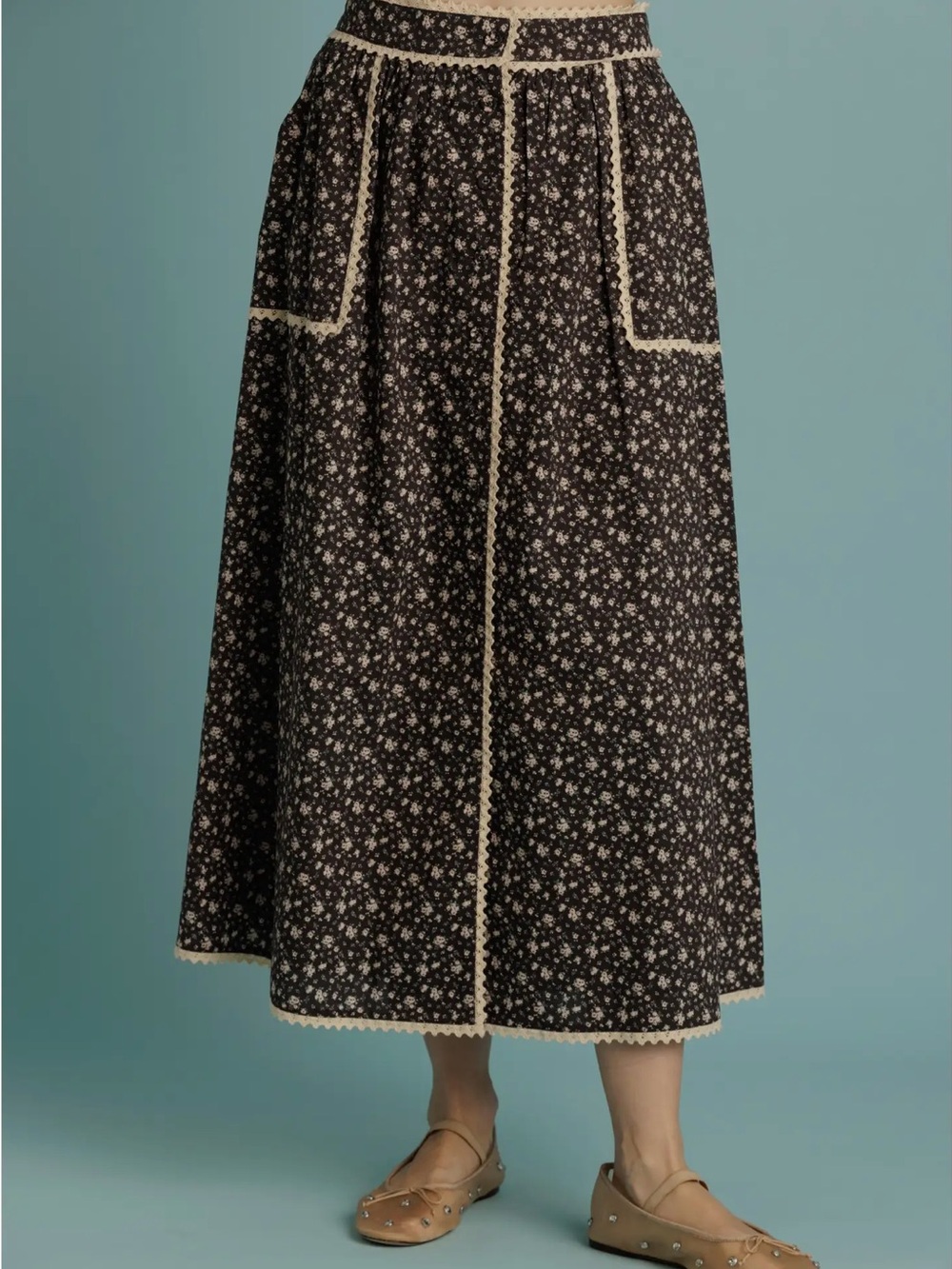 NWT Anthropologie FALL 2026 AUREUM Black Floral Maxi Skirt with Cream Lace Trim